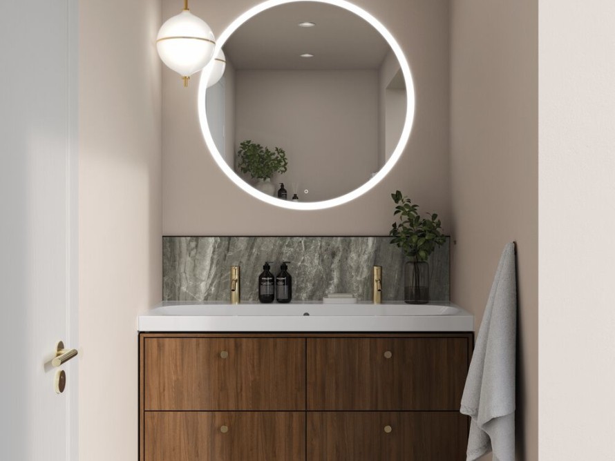 Puun väriset kylpyhuonekalusteet tuovat kivan kotrastin vaalealle seinälle. Puun väriset kylpyhuonekalusteet tuovat kivan kotrastin vaalealle seinälle.