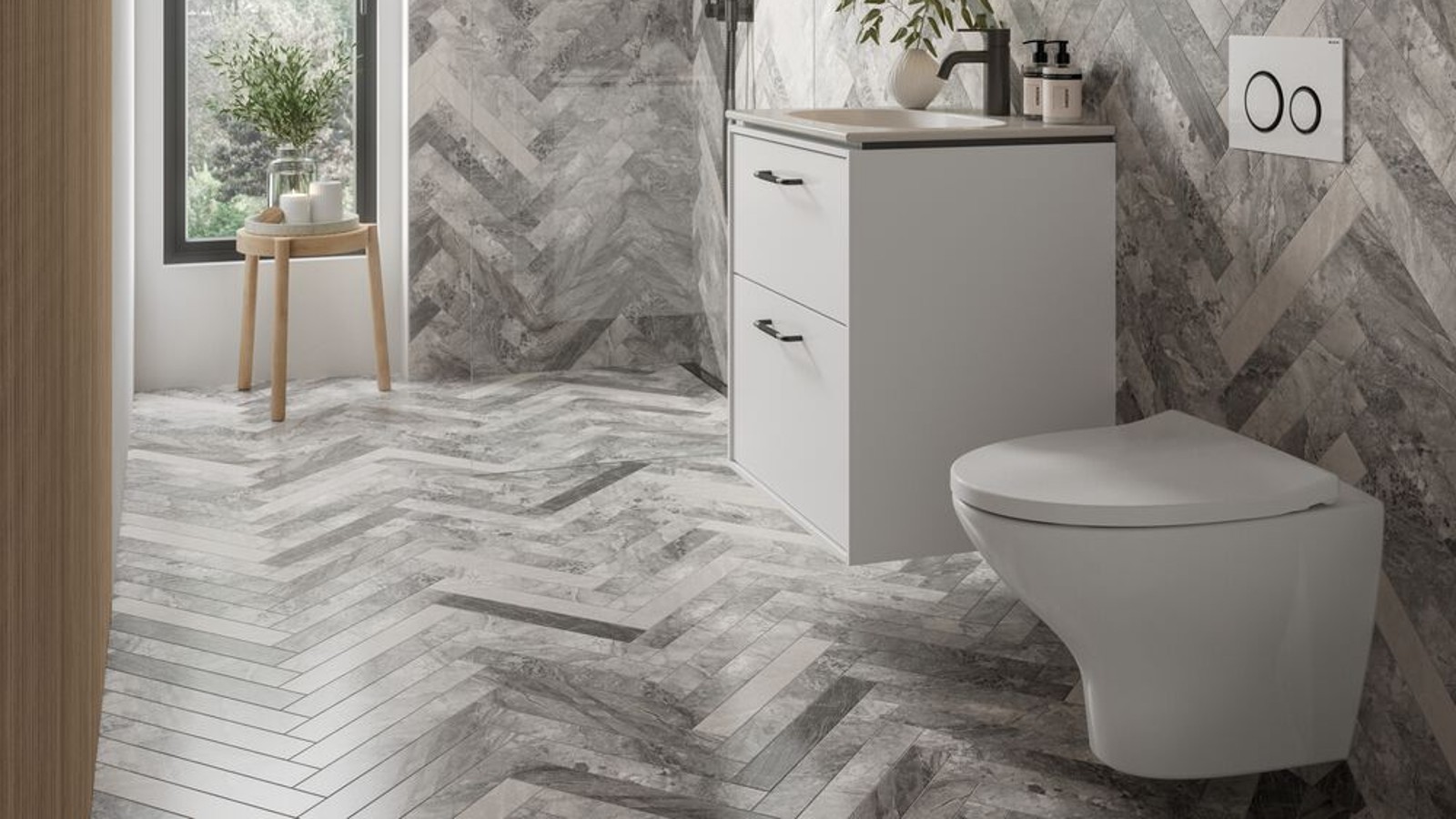 IDO Sense Art -kylpyhuonekalusteet ja Geberit Option -peili IDO Sense Art -kylpyhuonekalusteet ja Geberit Option -peili