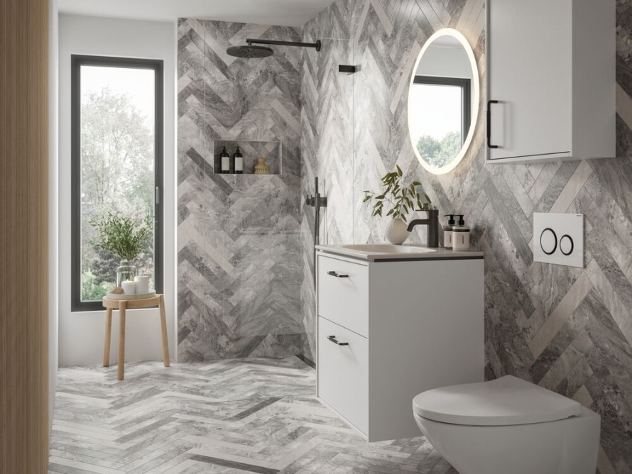 Suihkuseinä keskisuuressa kylpyhuoneessa Suihkuseinä keskisuuressa kylpyhuoneessa