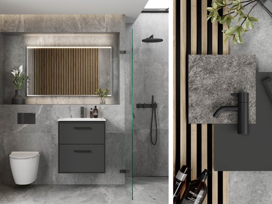 IDO Sense Art kalusteet tumman laavan sävyissä, IDO Glow Modern -seinä-wc, Geberit Sigma40-huuhtelupainike ja Geberit Option Square Plus -peili