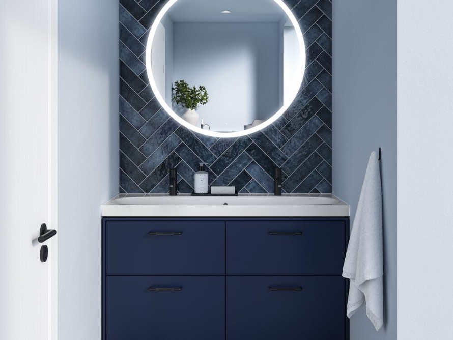 IDO Sense Art -kalusteet sinisenä ja Geberit Option Round -valopeili IDO Sense Art -kalusteet sinisenä ja Geberit Option Round -valopeili