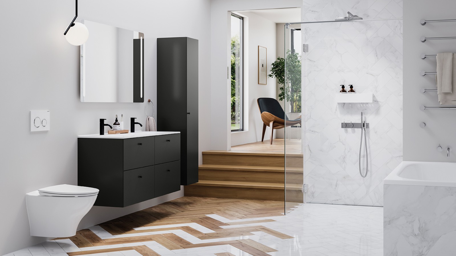 Linjakas muotoilu ja neutraali väripaletti on monen modernin kylpyhuoneen tunnusmerkkejä. Linjakas muotoilu ja neutraali väripaletti on monen modernin kylpyhuoneen tunnusmerkkejä.