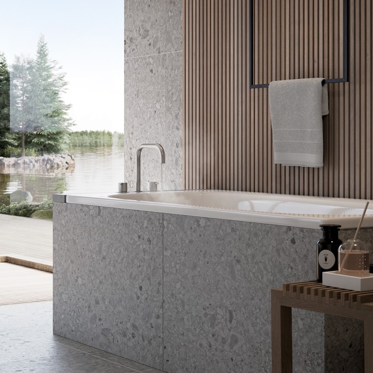 Puuelementit lisäävät luonnonläheisyyttä kylpyhuoneeseen. Puuelementit lisäävät luonnonläheisyyttä kylpyhuoneeseen.