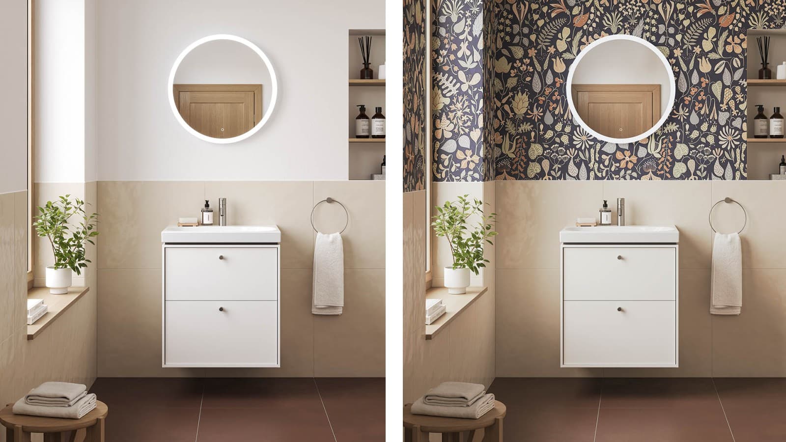 Kylpyhuone vaaleissa sävyissä vs kylpyhuone värikkäällä tapetilla Kylpyhuone vaaleissa sävyissä vs kylpyhuone värikkäällä tapetilla