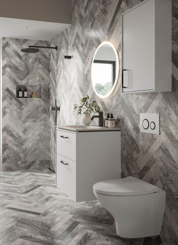 Pohjoismaiseen tyyliin toteutettu kylpyhuone Pohjoismaiseen tyyliin toteutettu kylpyhuone